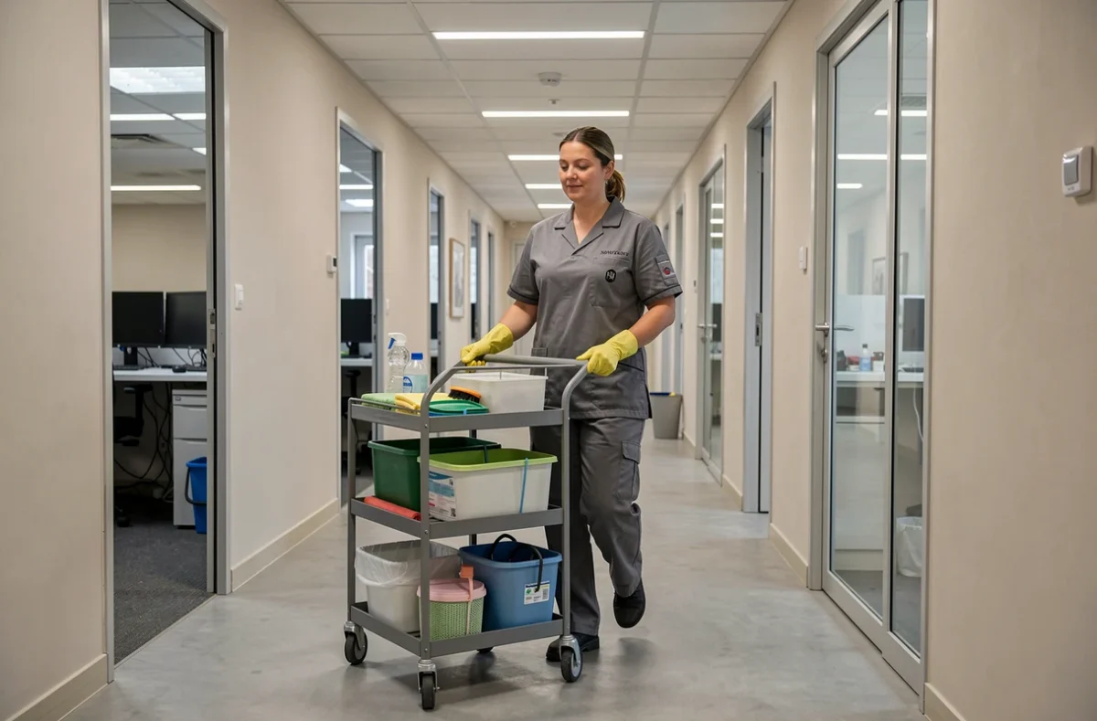 Professionnelle de nettoyage polyvalente poussant un chariot d'entretien dans un couloir de bureau à Marseille pour A B E SERVICES