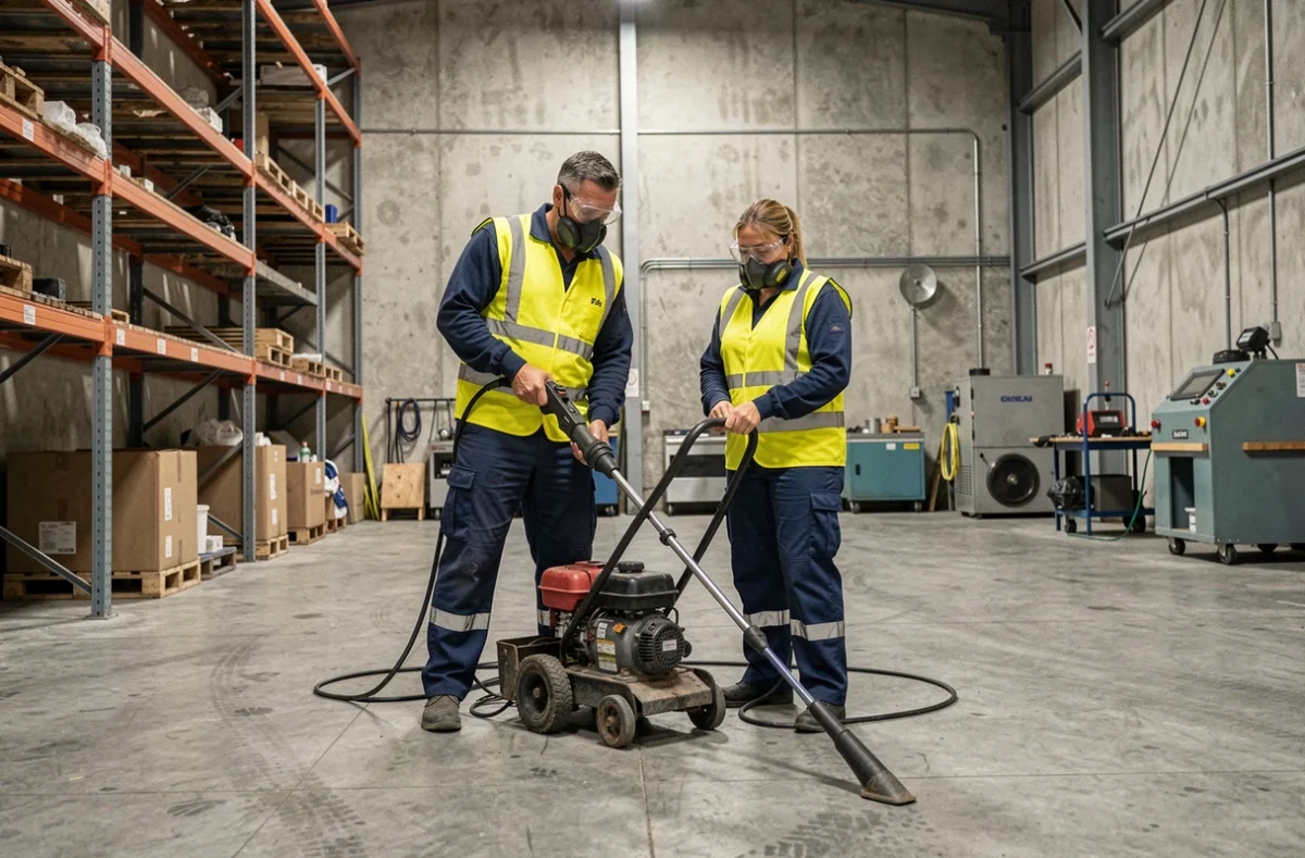 Équipe de nettoyage industriel en vestes jaunes utilisant une machine haute pression dans un entrepôt des Alpes-Maritimes pour Activ'Net 06