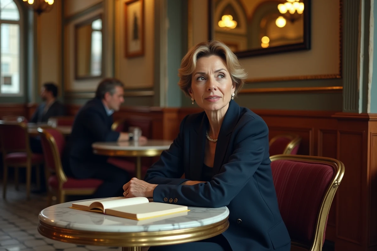 Actrice française dans un café parisien classique, plongée dans la lecture d'un script, atmosphère cinématographique authentique