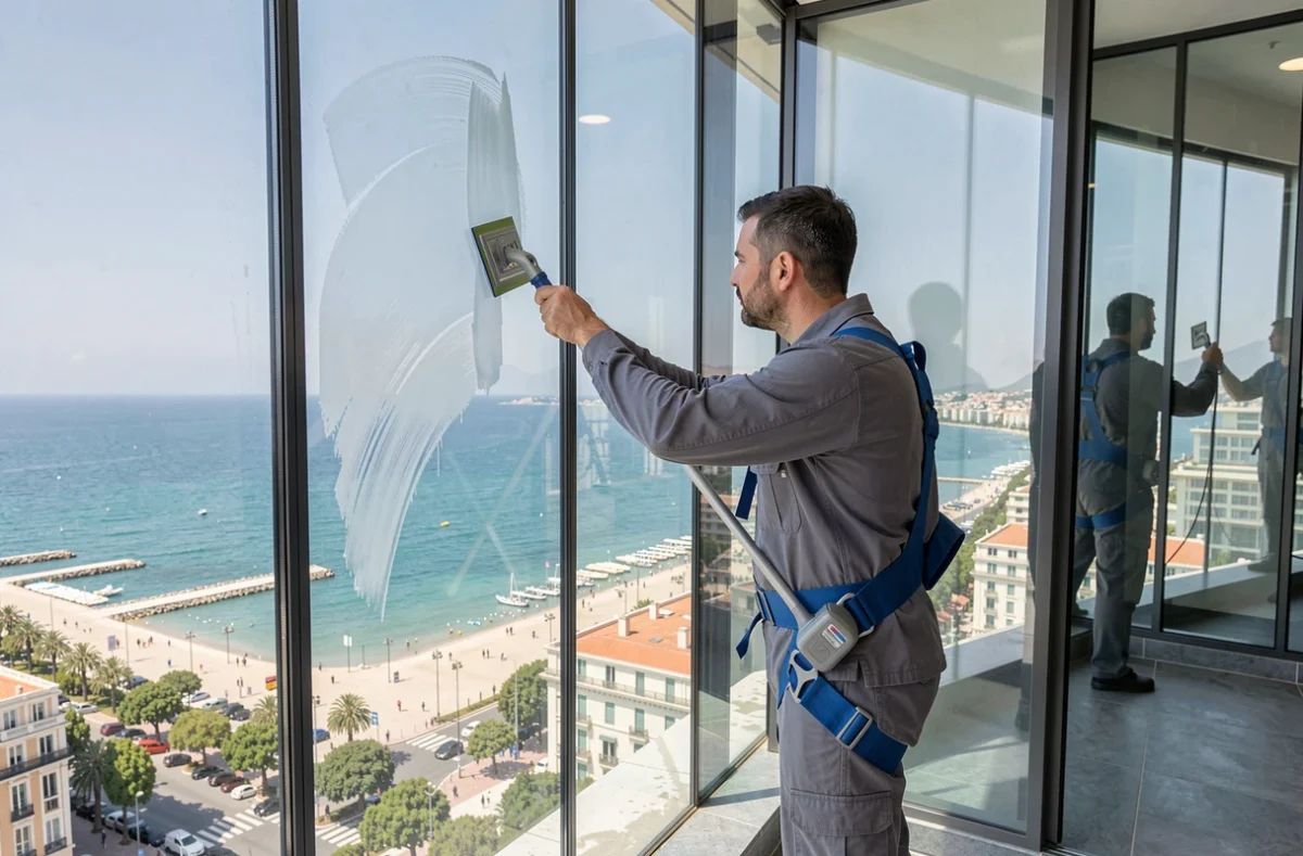 Spécialiste du nettoyage de vitres en harnais travaillant sur une façade vitrée en hauteur à Nice pour Actyclean