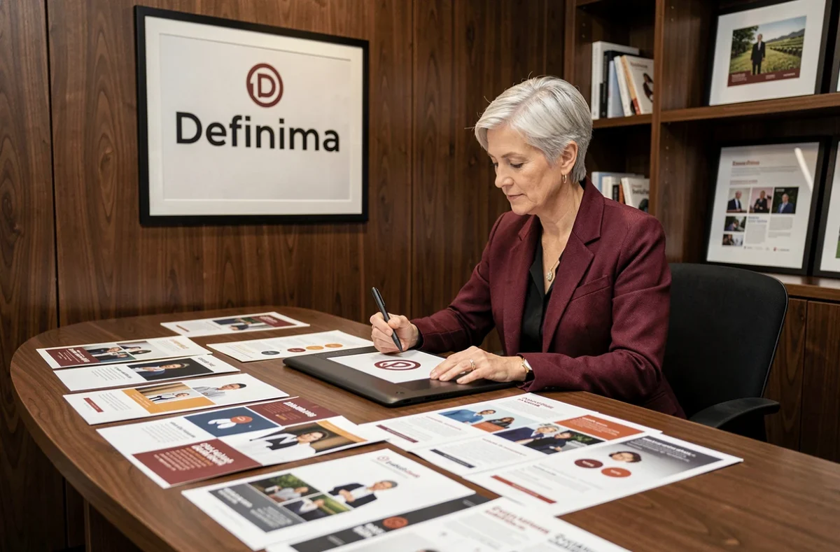 Directrice créative de l'agence Definima révisant des maquettes de campagne dans son studio