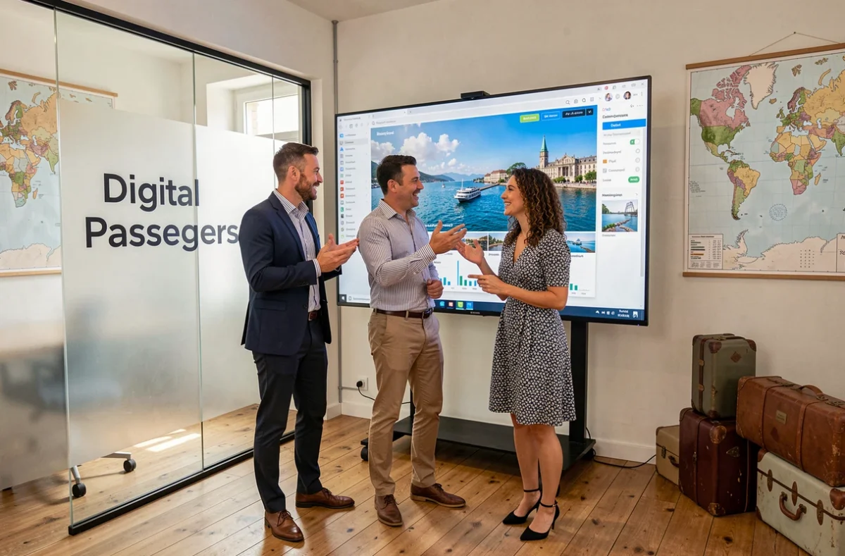 Équipe de l'agence Digital Passengers analysant une campagne marketing liée au secteur du voyage