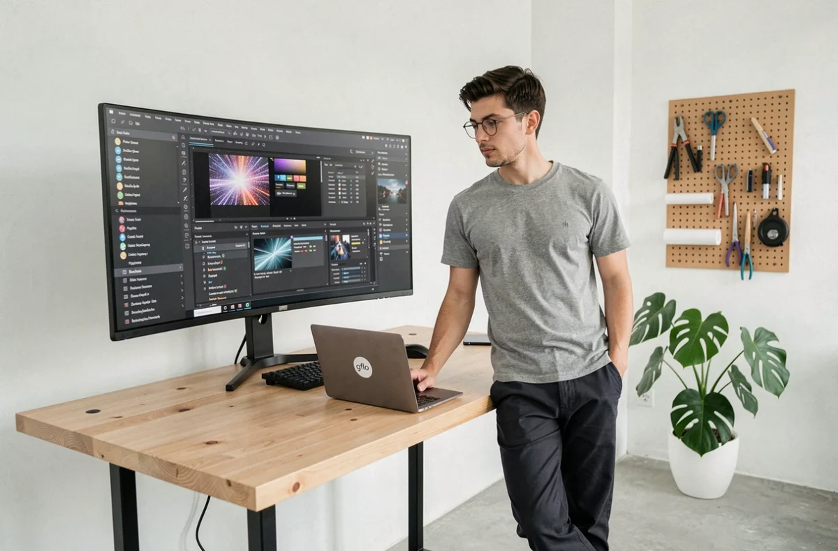 Motion designer de l'agence g.flo travaillant sur un projet de graphisme animé dans un studio épuré