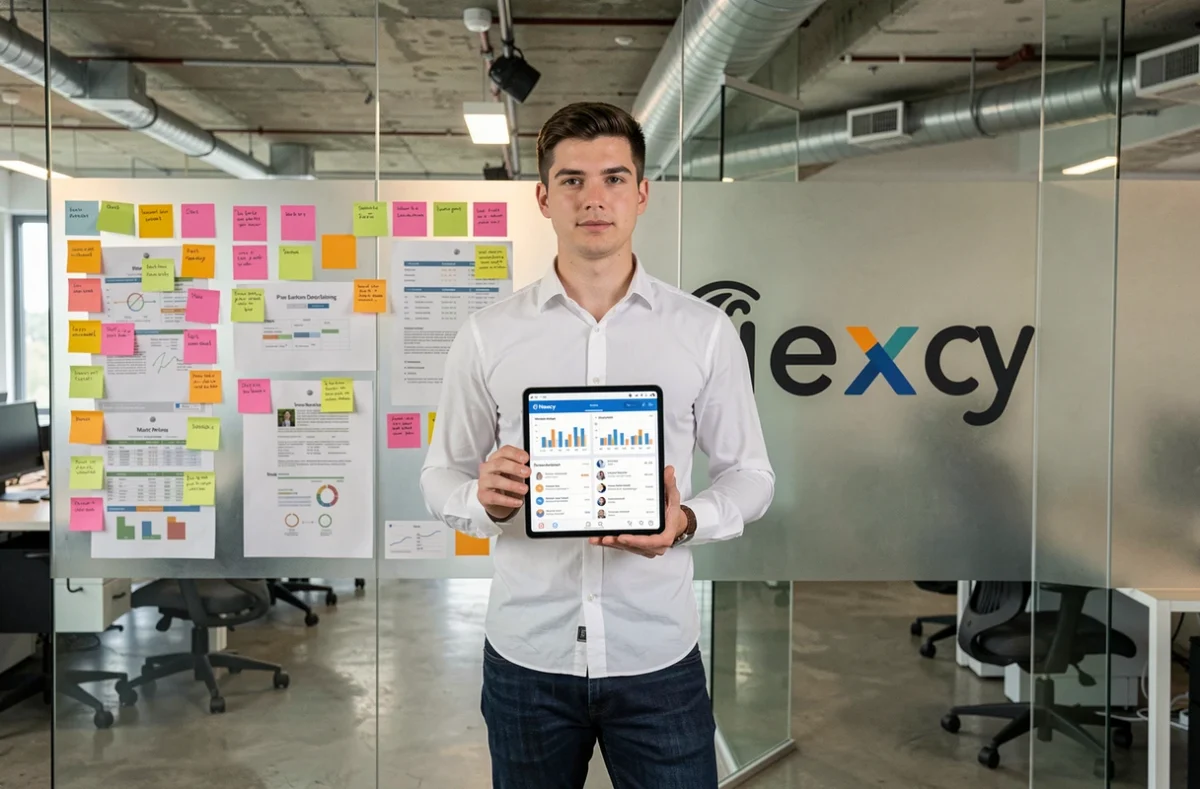 Chef de projet de l'agence Nexcy présentant une campagne digitale dans un espace de travail moderne