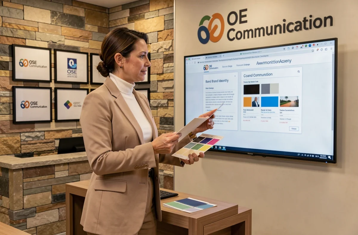 Consultante de l'agence OSE Communication présentant une identité de marque dans des bureaux professionnels