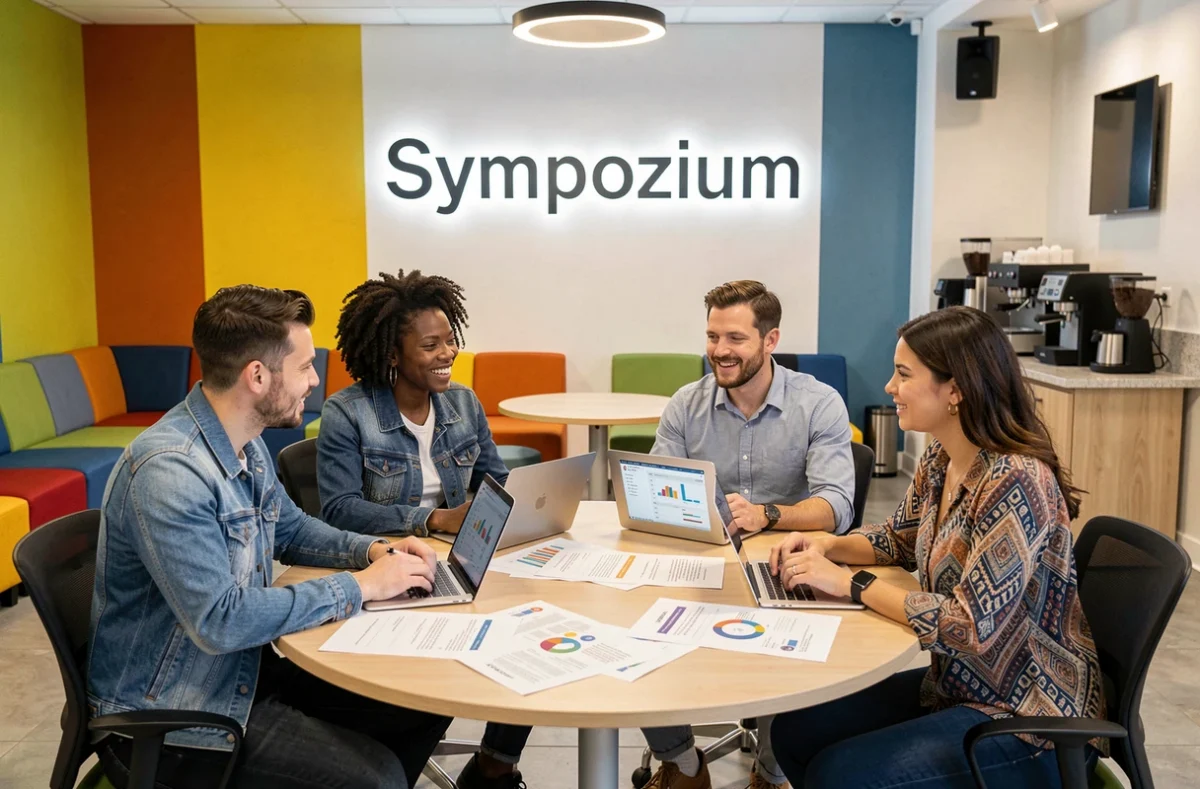 Équipe de l'agence Sympozium en réunion stratégique autour d'une table de conférence