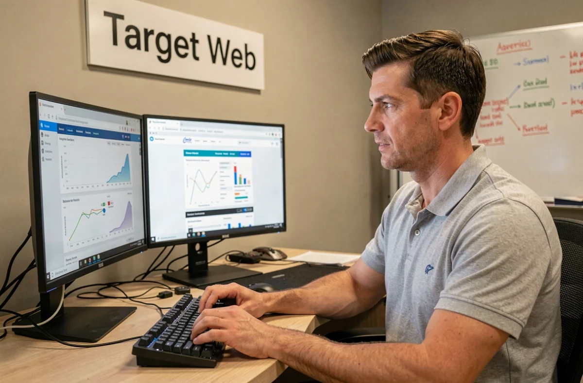 Consultant web de l'agence Target Web analysant des données SEO sur un double écran