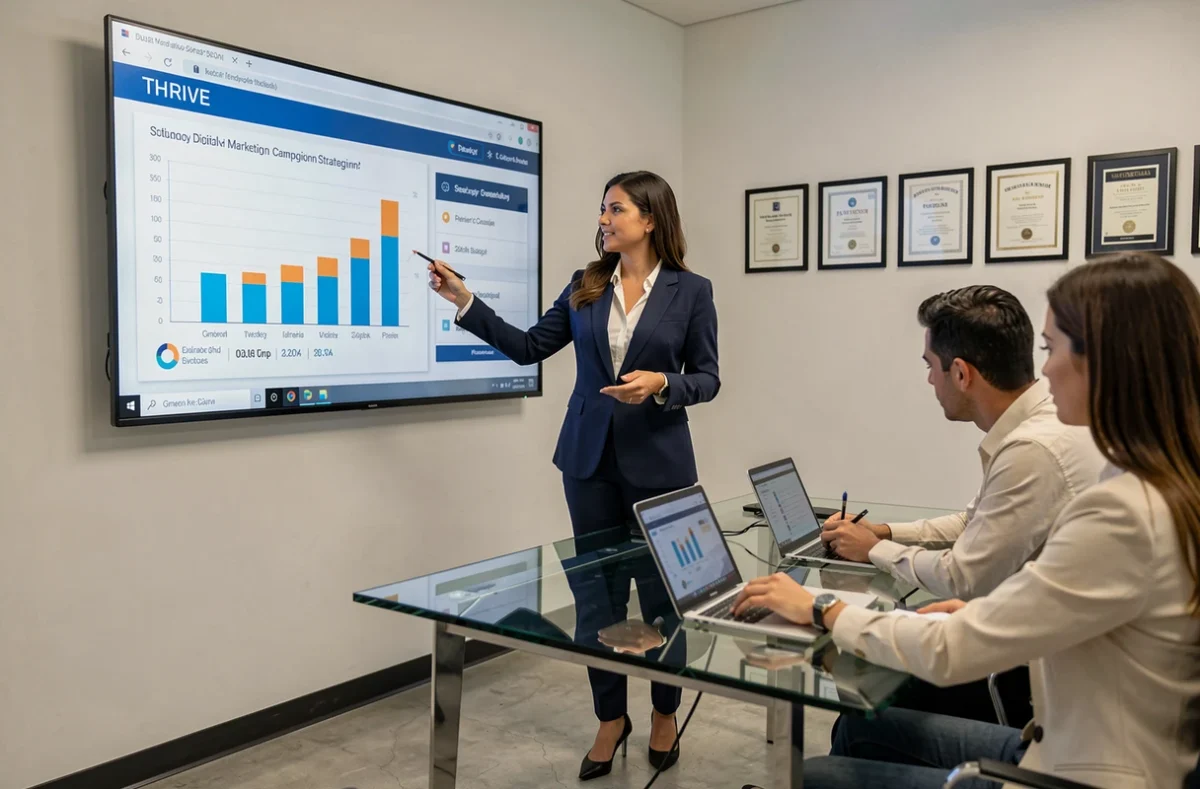 Présentation de stratégie marketing par l'agence Thrive dans une salle de réunion moderne