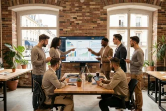 Équipe d'une agence de marketing digital en Nouvelle-Aquitaine travaillant ensemble autour d'un tableau de bord analytique