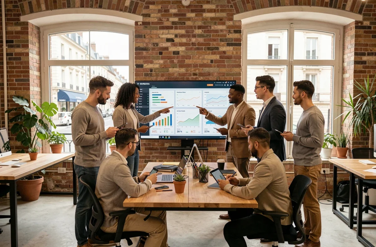 Équipe d'une agence de marketing digital en Nouvelle-Aquitaine travaillant ensemble autour d'un tableau de bord analytique