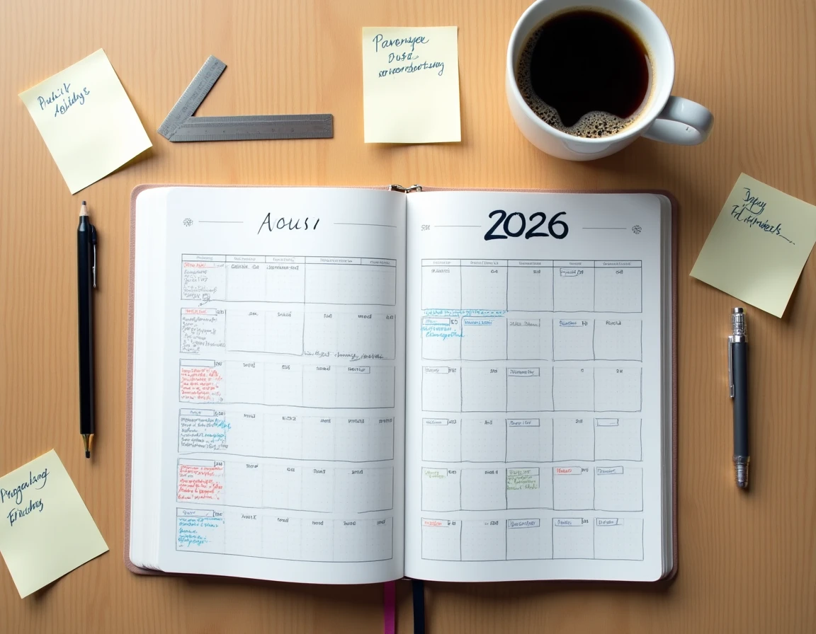 Vue aérienne d'un agenda 2026 ouvert sur un bureau en bois avec annotations manuscrites des jours ouvrés et fériés par mois