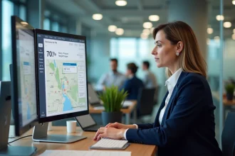 Agent immobilier utilisant le logiciel TERCIEL Terrena sur son écran dans un bureau professionnel moderne