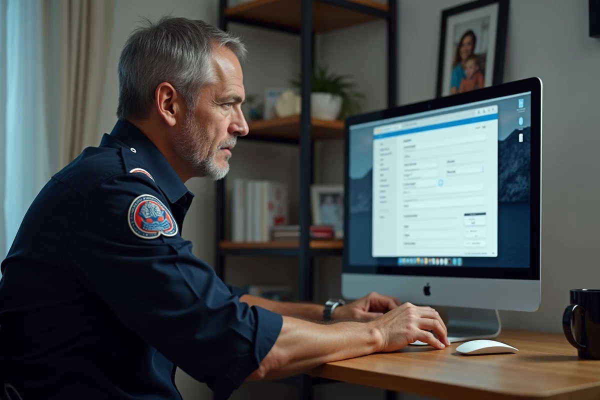 Agent de sécurité en uniforme modifiant ses informations personnelles sur MonPortailSecuritas depuis son bureau à domicile