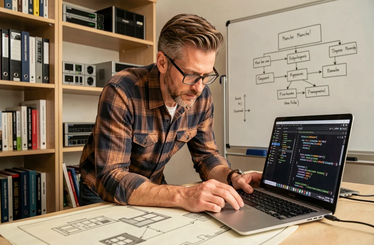 Développeur informatique de l'agence Altitude dans la Manche analysant des diagrammes d'architecture logicielle complexes