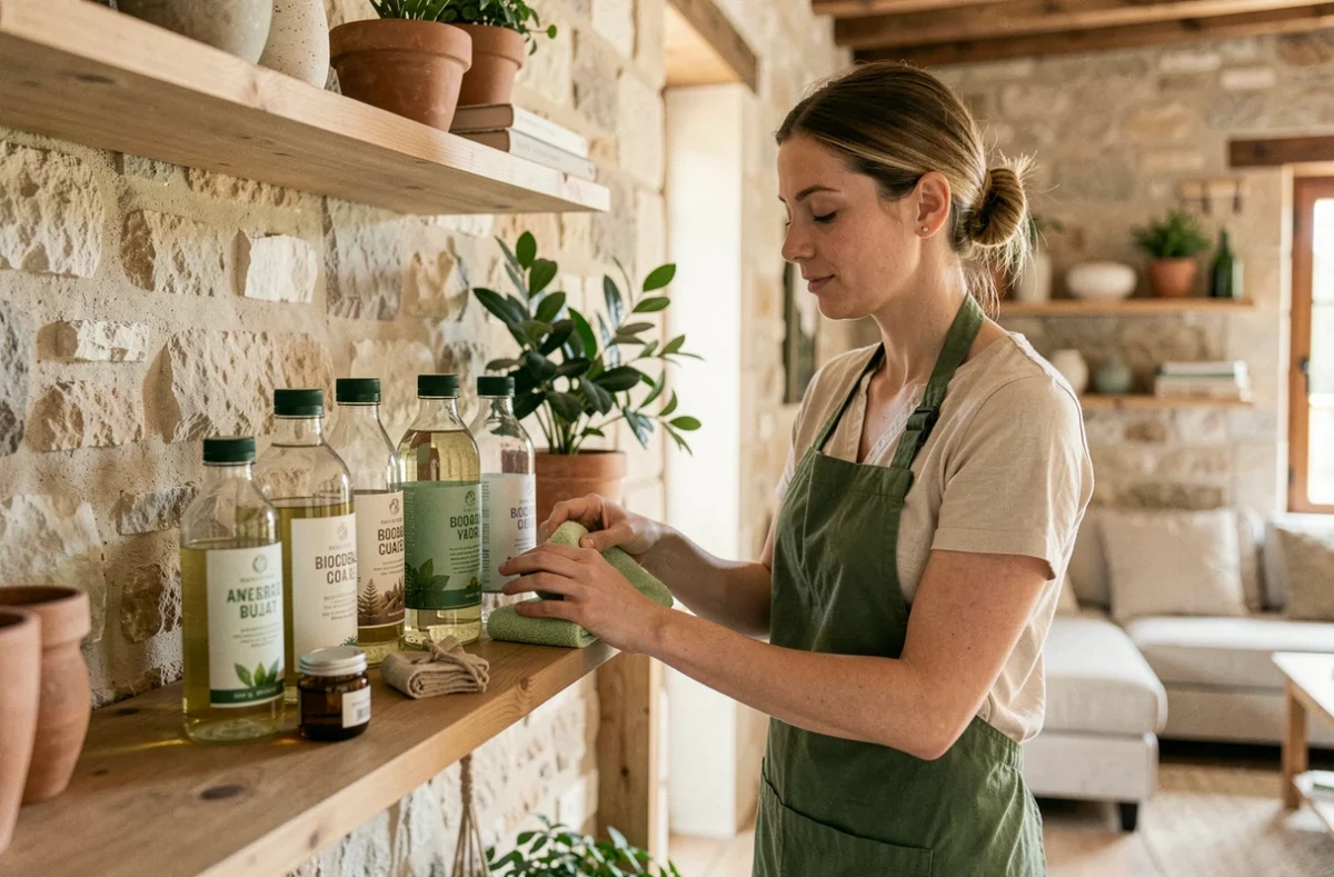 Professionnelle de nettoyage écoresponsable disposant des produits biodégradables dans un appartement à Nice pour Alwar Nettoyage