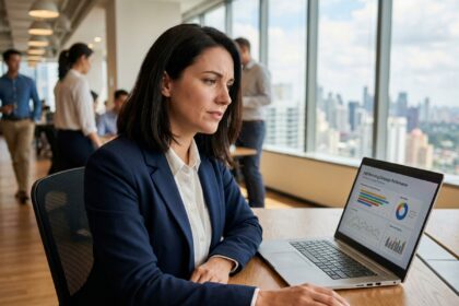 Professionnelle analysant les résultats d'une campagne SMS marketing sur un ordinateur portable dans un bureau moderne