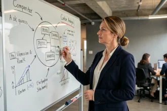 Femme d'affaires analysant un cadre PESTEL sur un tableau blanc dans un bureau moderne pour une analyse micro-environnement