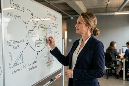 Femme d'affaires analysant un cadre PESTEL sur un tableau blanc dans un bureau moderne pour une analyse micro-environnement