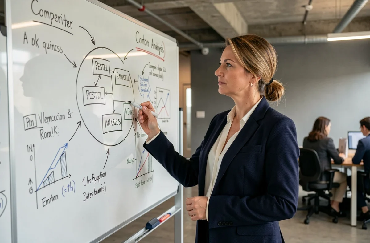 Femme d'affaires analysant un cadre PESTEL sur un tableau blanc dans un bureau moderne pour une analyse micro-environnement