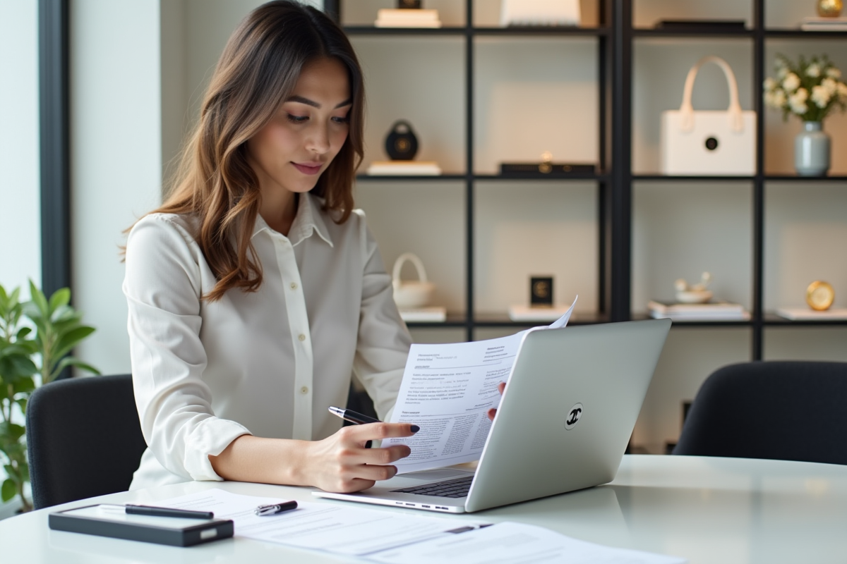 Assistante Chanel analysant ses documents financiers au bureau