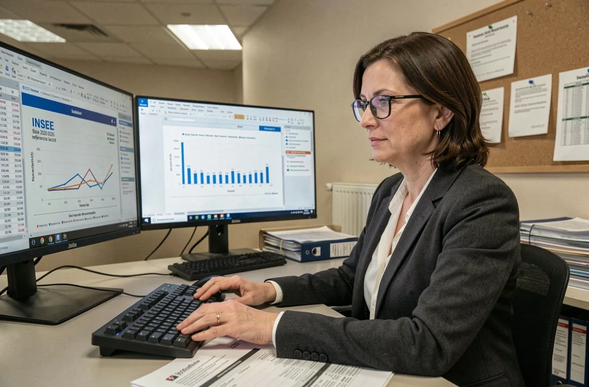 Analyste statisticienne consultant les séries base 2026 de l'index ING INSEE sur des écrans d'ordinateur dans un bureau administratif