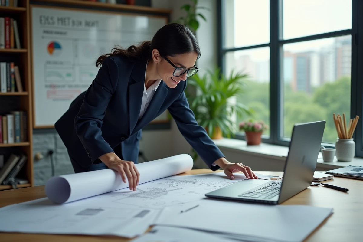 Architecte femme analysant des plans et des ressources numériques sur la transition écologique dans le secteur BTP