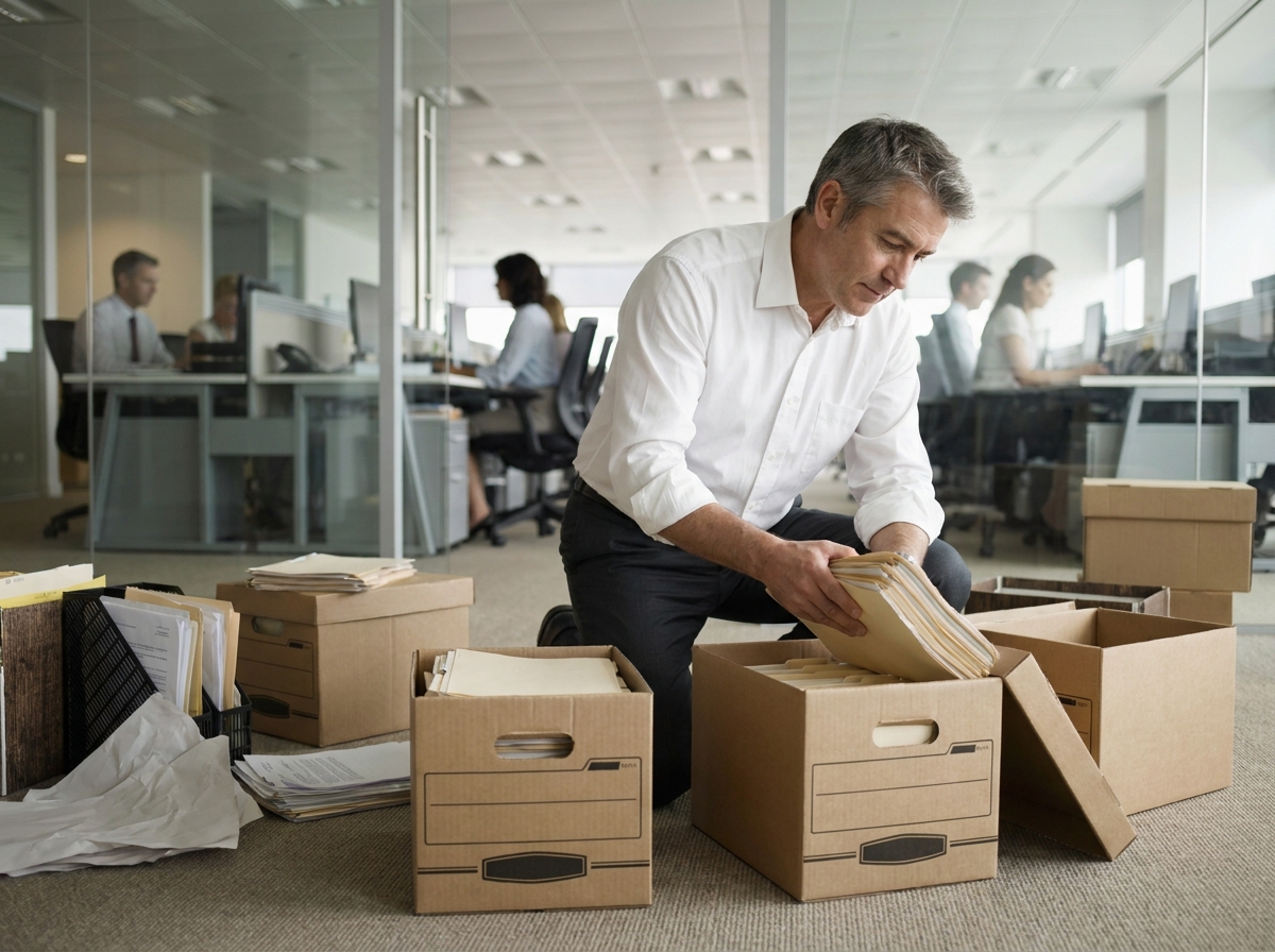 Homme archivant des dossiers professionnels dans des boîtes de classement dans un bureau d'entreprise