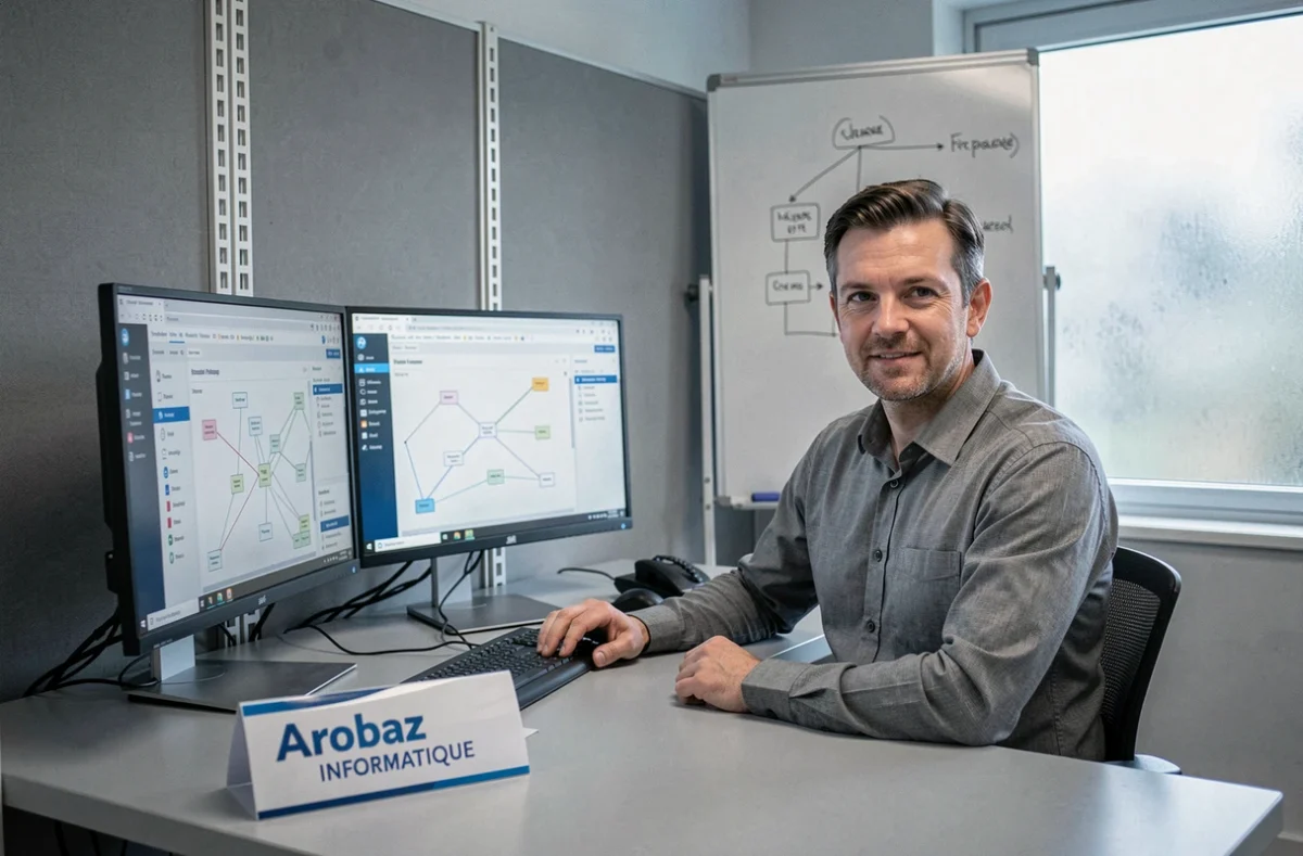 Consultant informatique d'Arobaz Informatique devant ses écrans de travail en agence