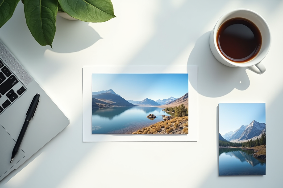 Disposition minimaliste de photos et café sur bureau blanc