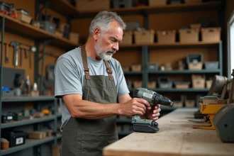 Artisan en tablier examinant une perceuse électrique dans un atelier de location d'outillage professionnel