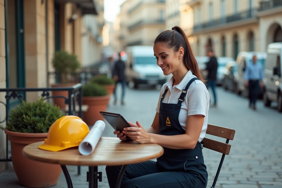 Artisane consultant une plateforme de location d'outils en ligne depuis une terrasse urbaine avec tablette et plans