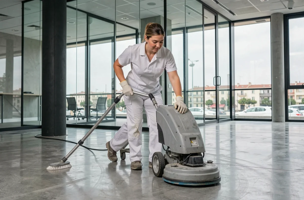 Technicienne de nettoyage professionnel utilisant une machine rotative sur le sol d'un hall commercial à Marseille pour ASTOL SERVICES