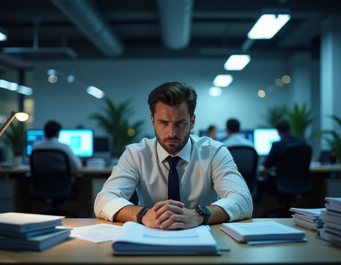 Auditeur Big 4 travaillant tard le soir seul dans un bureau d'entreprise entouré de bilans et de classeurs