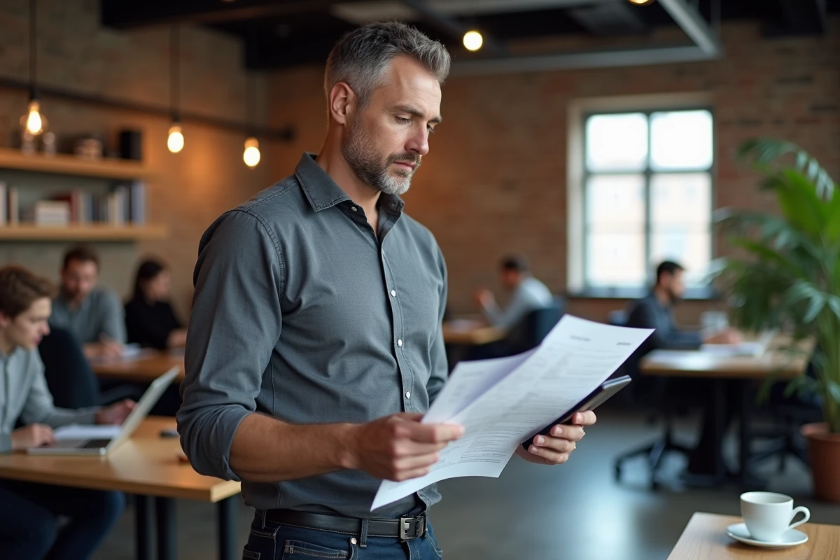 Auto-entrepreneur en espace de coworking évaluant les avantages de Partenaire-entreprise.com sur tablette