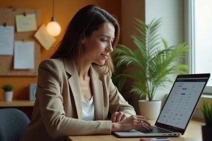 Auto-entrepreneuse analysant la plateforme Partenaire-entreprise.com sur son ordinateur dans un bureau à domicile