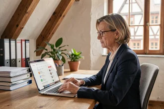 Avocate alsacienne consultant son référencement local sur ordinateur portable dans un bureau traditionnel à colombages
