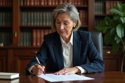 Avocate femme en bureau lisant un document juridique
