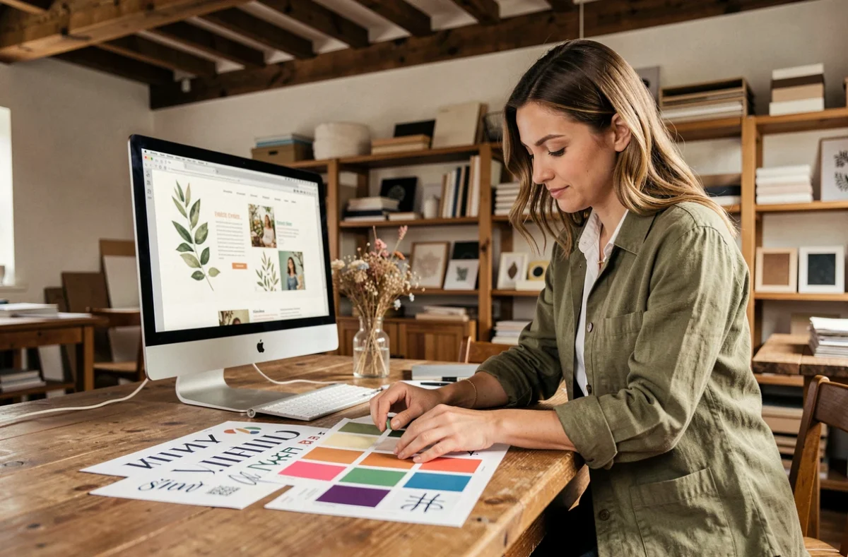 Designer de Beryl Design arrangeant des références graphiques dans un studio créatif chaleureux