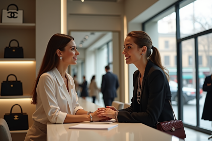 Intérieur d'une boutique Chanel élégante avec vendeuse et clients