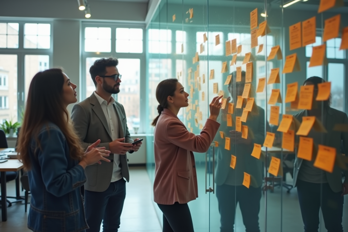 Groupe de professionnels créatifs en brainstorming dans un studio lumineux