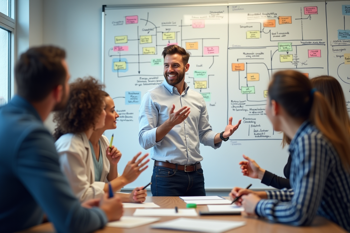 Groupe en brainstorming avec diagrammes marketing sur un tableau blanc