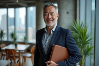 Cadre en transition professionnelle regardant vers l'avenir depuis un espace de coworking moderne avec vue sur la ville