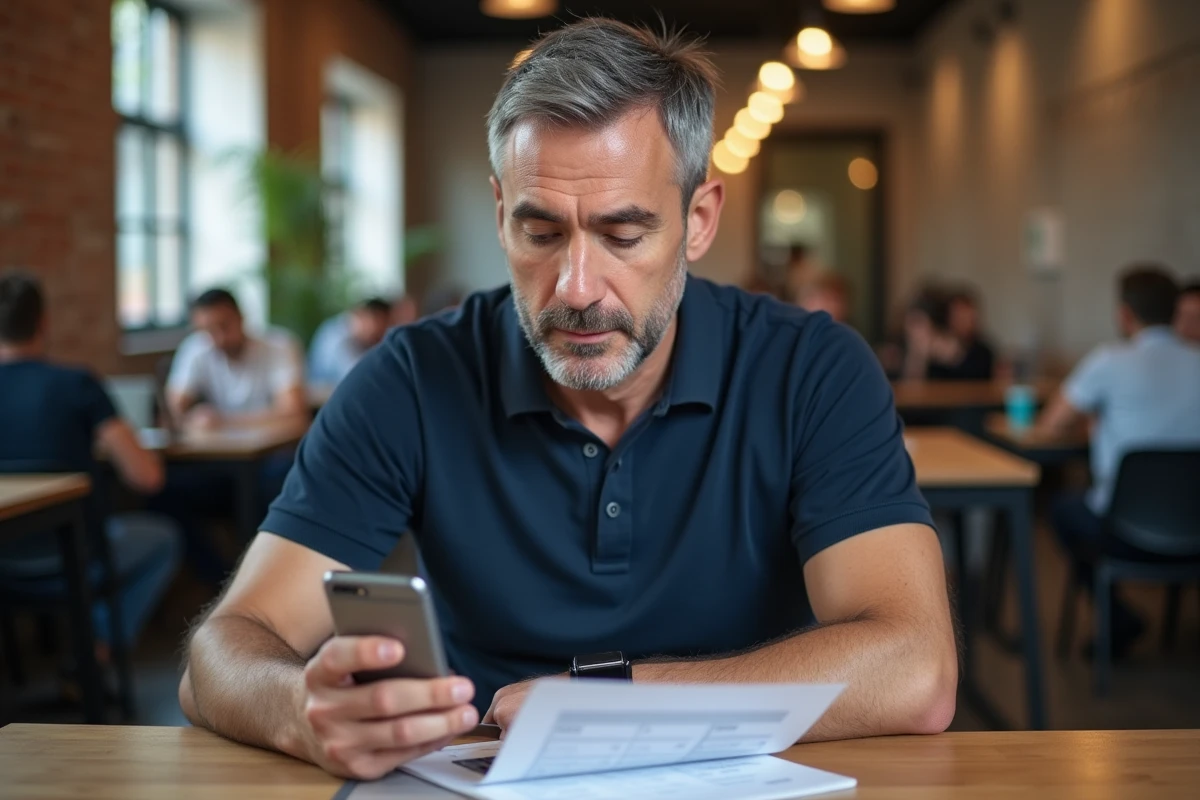 Homme calculant ses heures de travail avec une application mobile dans un espace de coworking