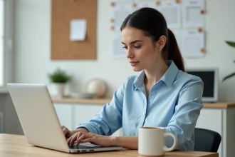 Femme utilisant un outil en ligne pour calculer ses heures de travail sur un ordinateur portable à son bureau à domicile