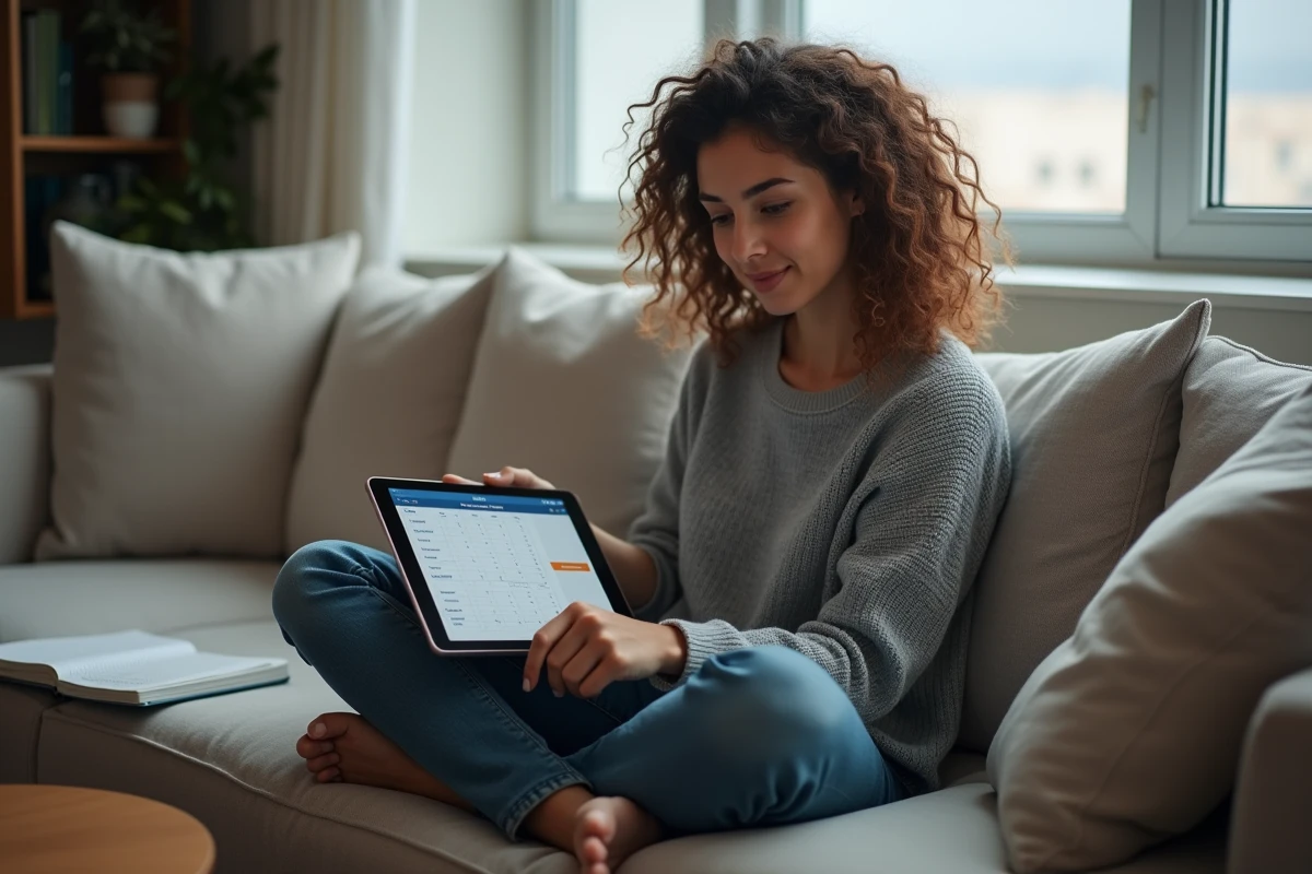 Jeune femme calculant ses heures de travail hebdomadaires sur une tablette depuis son salon