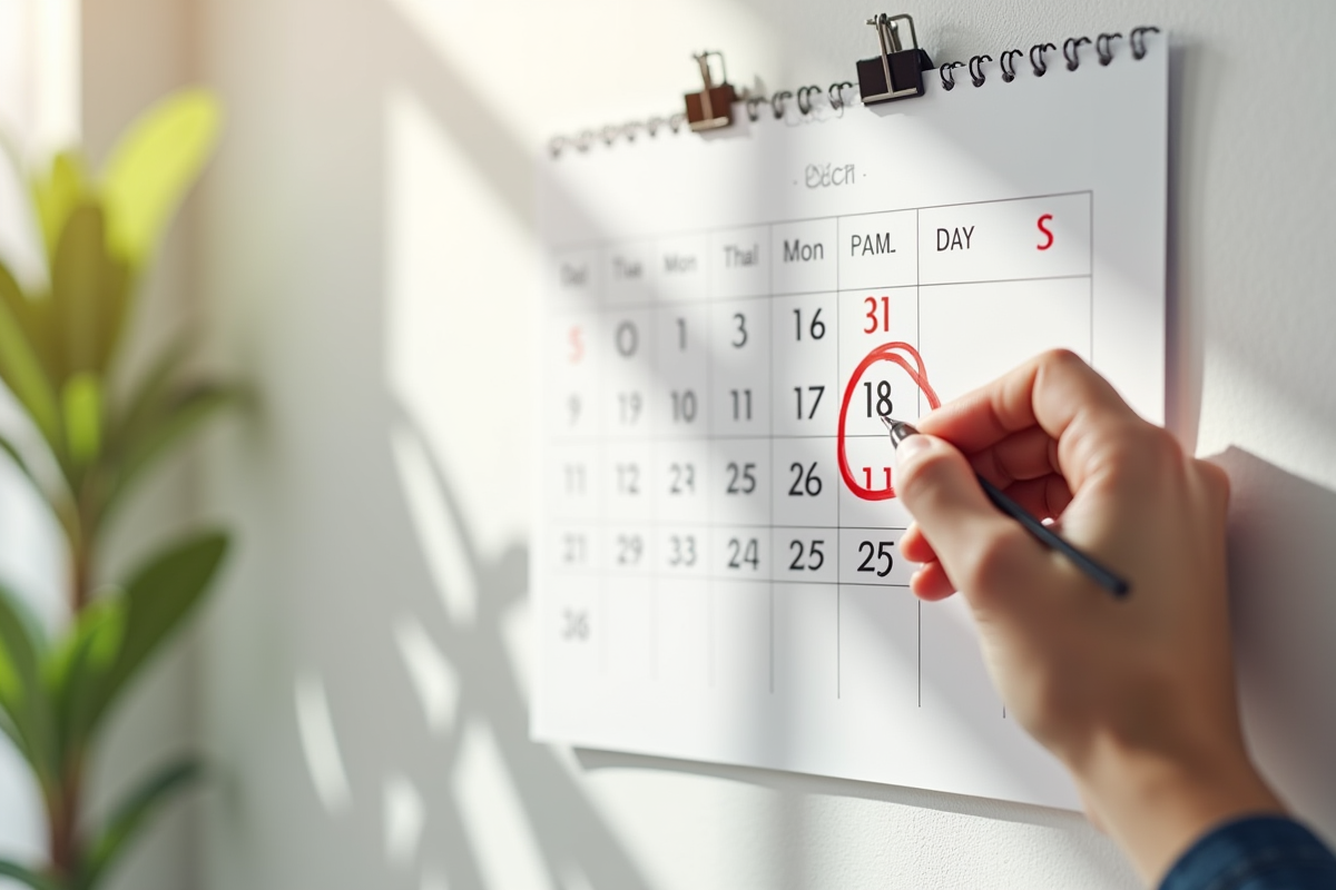 Calendrier avec une date entourée et une main marquant une autre date
