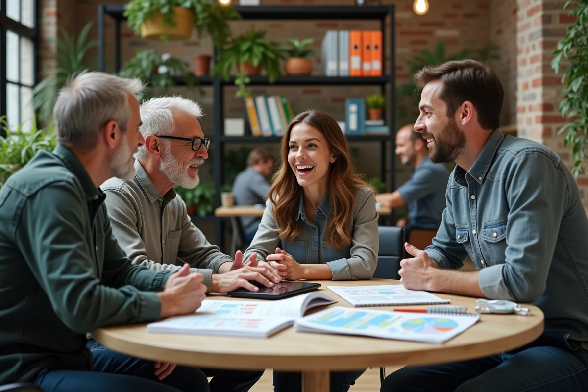 Groupe de professionnels du BTP échangeant des informations sur la transition écologique lors d'une réunion en espace de coworking