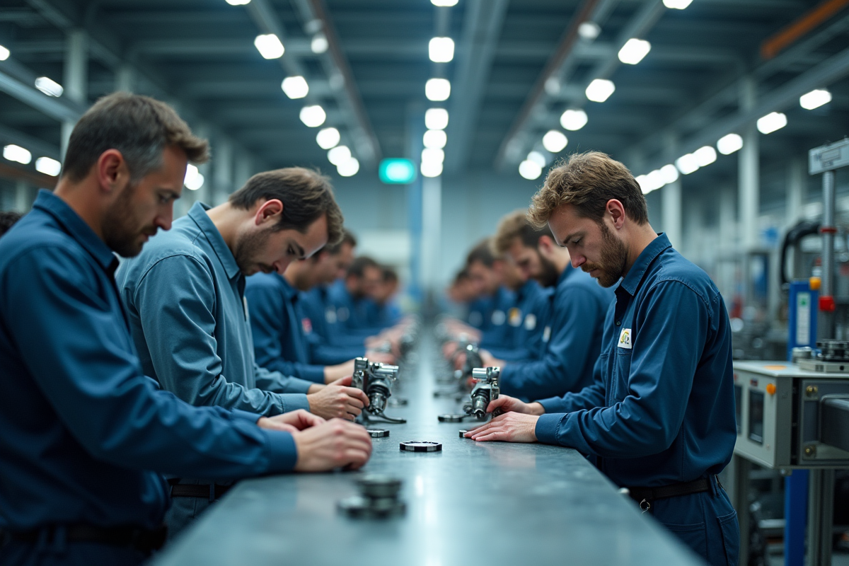 Ligne de production avec ouvriers et robots en usine