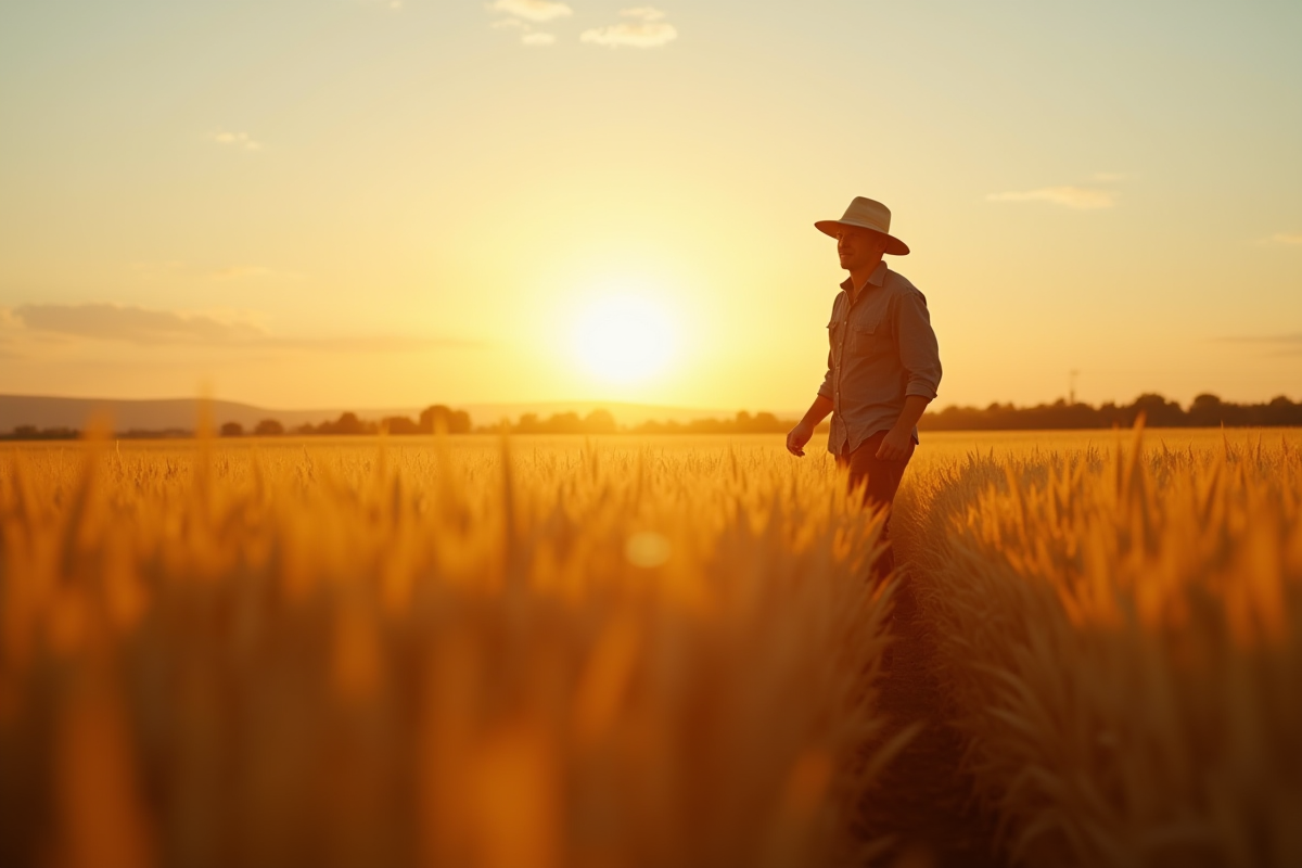 Paysage de blé doré au lever du soleil avec un fermier