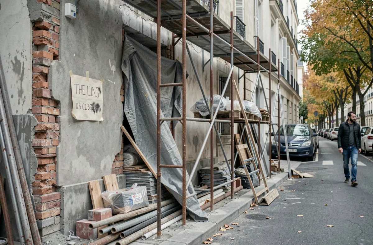 Chantier de rénovation urbain mal organisé avec matériaux éparpillés et signalétique illisible